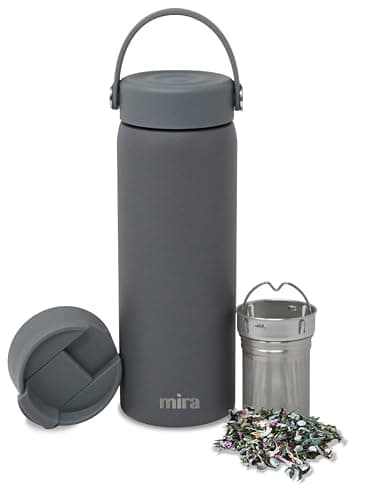 MIRA 18 oz Tea Infuser Thermo - Stainless Steel Travel Bottle with Removable Strainer for Loose Leaf Tea - Insulated Hot & Cold Brew Steeper - Smoke Gray