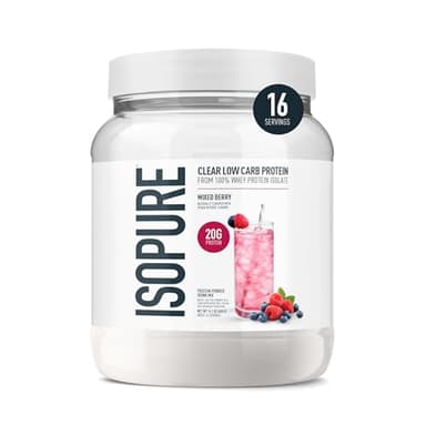 Isopure Clear Whey Isolate Protein Powder, Lactose Free, Gluten Free, Naturally Flavored, Mixed Berry, 20g Protein Per Serving, 14.1 Oz, 16 Servings (Packaging May Vary)