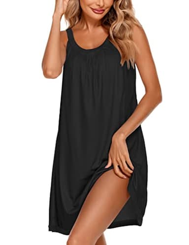 Ekouaer Women's Nightgown Sleeveless Sleepwear Wide Strap Sleep Shirt Pleated Scoopneck Nightshirt Black Medium