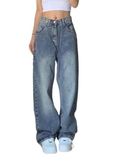 EMMIOL Baggy Jeans for Women Mid-Low Waist Streetwear Jeans Wide Leg Denim Pants Blue,L
