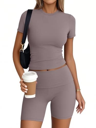 Trendy Queen 2 Piece Summer Cute Workout Sets Gym Short Set Pilates Yoga Outfits Going Out Spring Athletic Comfy Active Wear CoffeeGrey S