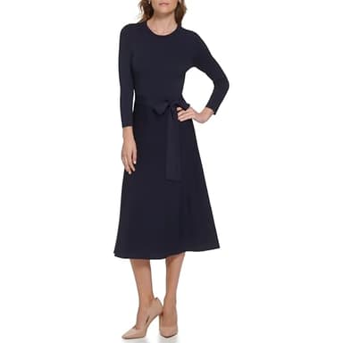 Eliza J Women's 3/4 Sleeve Crew Neck Midi Fit and Flare Sweater Dress, Navy, Medium