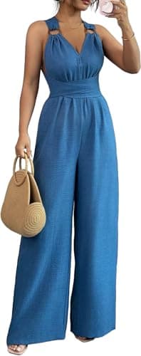 sexycherry Women Denim Blue Jumpsuits Casual Straps V Neck Criss Cross Knotted Wide Leg Long Pants Backless Rompers Summer Outfits(X-Large)