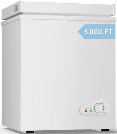 TABU 5.0 Cubic Feet Chest Freezer, Compact Freestanding Deep Freezer with 7 Level Adjustable Thermostat & Removable Basket,Top Opening, Low Noise(White, 5.0 Cu.Ft.)