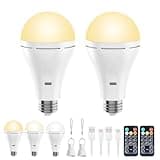 Brightown E26 Rechargeable Light Bulb with Remote and Timer, Battery Backup Bulb for Sconces and Lamps, Hanging LED Light Bulb with Hook for Camping Tent, Dimmable, 3 Color Temperatures, 2 Pack