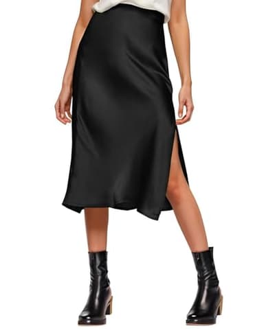 Amy Babe Womens Satin Silk High Waist Slit Midi Skirt Elastic Waistband Midi Skirts for Women Black