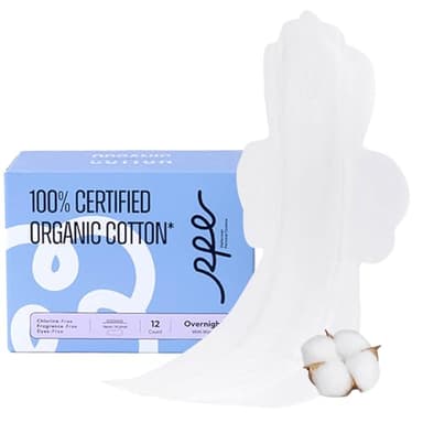 100% Organic Overnight Pads for Women, Ultra Thin Extra Heavy Flow Sanitary Pads with Wings Cotton Menstrual Pad Extra Coverage Period Pad Super Absorbency Feminine (Overnight, Size 5, 12 Ct)