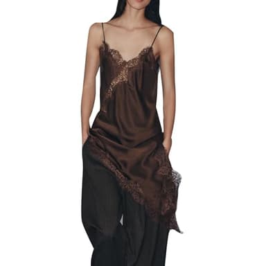 Women Silk Satin Zaras Long Camisole Lace Asymmetrical Trim Cami Tank Crop Tops Y2k Silky High Low Hem Lace Layering Slip Dress