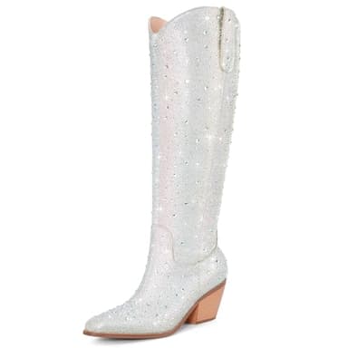 RONILURN Women Rhinestone Cowgirl Boots Cowboy Knee High Boots Sparkly Glitter Western Boots Bling Pointed Toe Chunky Heel Side Zippers Pull On
