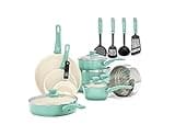 GreenLife Soft Grip 16 Piece Cookware Set, Non-Toxic PFAS-Free Ceramic Nonstick, Pots, Frying, Sauce, Saute, Glass Lids, Stay-Cool Handles, Wobble Free Bases, Dishwasher & Oven Safe, Turquoise