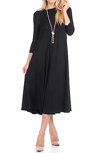 iconic luxe Women's Swing Midi Dress – 3/4 Sleeve Flowy A-Line Tunic – Soft, Stretchy, Comfortable, and Versatile Casual Dress for Everyday Wear X-Large Black