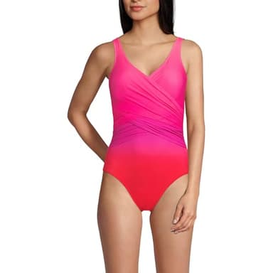 Lands' End Womens Slender Suit Wrap One Piece Swimsuit Pink Multi Ombre Regular 14