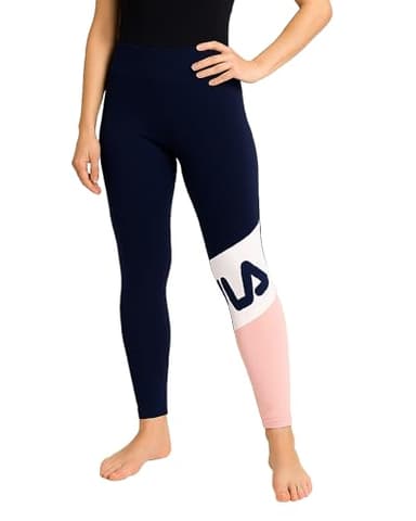 Fila Girls Leggings - Soft Cotton Blend Athletic Stretch High Waisted Leggings for Girls with Elastic Waistband, Size 10-12, Coral Colorblock