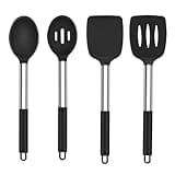 TeamFar Kitchen Utensils, 4 PCS Silicone Cooking Utensils Spatula Spoon Set with Stainless Steel Handle, for Frying Mixing Draining Turning, Healthy & Heat-proof, Non-stick & Dishwasher Safe - Black