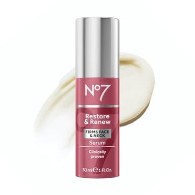 No7 Restore & Renew Multi-Action Face & Neck Serum - Anti Aging Serum for Deep Wrinkle Repair - Collagen Infused Skincare with a Hydrating Blend of Hibiscus Peptides & Hyaluronic Acid (1 fl oz)