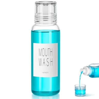 VITVITI Glass Mouthwash Dispenser for Bathroom, 10 OZ Mouth Wash Container Bottle with Lid Cup, Countertop Small Clear Refillable Mouthwash Dispensers Decanter (White)