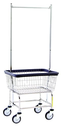 R&B Wire® 100E58 Heavy Duty Wire Laundry Cart with Double Pole Rack | 2.5 Bushel | Steel Frame with Chrome Finish | Commercial Laundry Basket | Industrial Bumper | 5" Clean Wheel System™ Casters