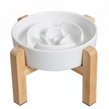 Elevated Slow Feeder Dog Bowl - Ceramic Maze Food Dish with Bamboo Stand - Raised Feeding Bowl for Fast Eaters - Ideal for Small and Medium Dogs - White - 6.7 inch