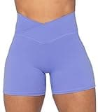 Sunzel Sunzfly Crossover Biker Shorts for Women, V Criss Cross High Waist Yoga Workout Gym Shorts with Tummy Control 4" Periwinkle Medium