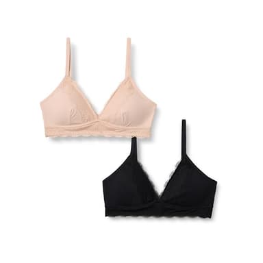 Amazon Essentials Women's Peached Microfibre with Lace Trim Lined V Neck Bralette, Pack of 2, Black/Soft Petal, Small