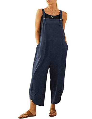 Shebote Womens Sleeveless Cotton Linen Adjustable Bib Overalls Baggy Jumpsuits Romper with Pockets Straps Jumpsuit(0020-NavyBlue-M)