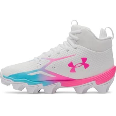 Under Armour Boys' Spotlight Hammer JR RM Football Cleats, (101) White/Fresco Blue/Pink Rave, 4, US