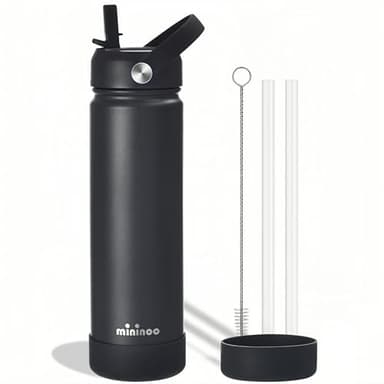 Insulated Stainless Steel Water Bottle with Straw, Ceramic-Lined, BPA-Free & Leak-Proof, 24 oz, Black