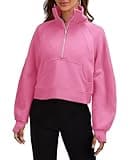 Womens Sweatshirts Half Zipper Crop Pullover Funnel Neck Fleece Lined Zip Up Long Sleeve Tops Thumb Hole Pink