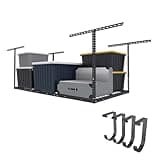 FLEXIMOUNTS 3x6 Overhead Garage Storage Adjustable Ceiling Storage Rack with 4-Pack Add-On Storage Flat Hook Accessory, 72" Length x 36" Width x 40" Height Storage Rack, Black