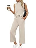 SAMPEEL 2 Piece Set for Women Dressy Lounge Set Summer Clothes Vacation Travel Outfits Sweat Set High Neck Old Money Matching Sets Women Clothing Beige L