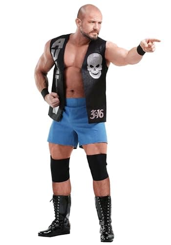 WWE Stone Cold Steve Austin Men's Costume with Austin 3:16 Vest, Shorts Wristbands & Knee Pads - Officially Licensed S