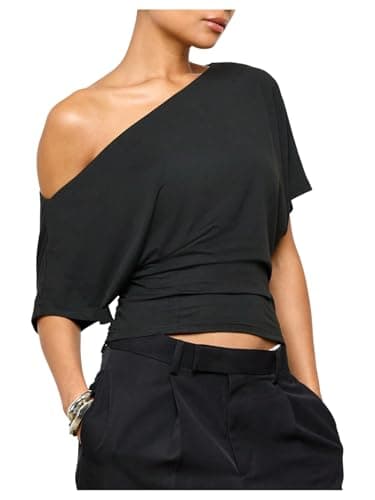 SweatyRocks Women's Off The Shoulder Crop Tops Asymmetrical Y2K Going Out Top Dolman Short Sleeve 2026 Summer Trendy Clothes Black Medium