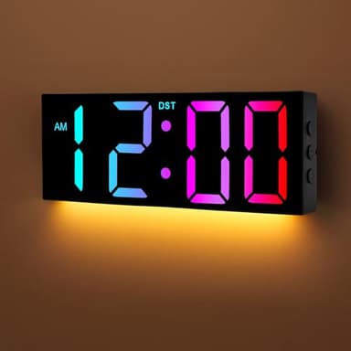 Alampan 12" Large Digital Wall Clock with Remote Control, USB Powered, Corded RGB LED Clock with Full Screen Display, Big Numbers, for Classroom, Living Room, Elderly, Wall Mounted, DST, KSJ-01, Black