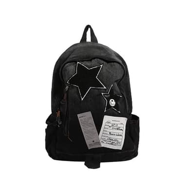 KANGDAWEI Cute Star Denim Backpack, Grunge Y2K Vintage Fashion Bookbag, Aesthetic Emo 2000s Backpack for Women Men Casual Bag (Black)