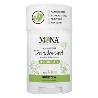 MONA 100% Natural Deodorant for Kids, Preteens & Teens | No Baking Soda, Synthetic Scents or Aluminum | Safe for Girls & Boys with Sensitive Skin | Hypoallergenic & Vegan (HONEYDEW 1.76 Oz)
