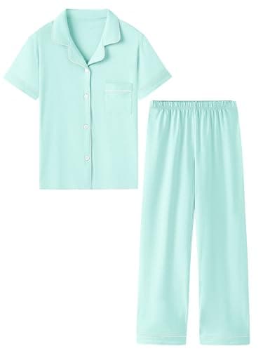 QZH.DUAO 100% Cotton Pajama Set, Girls PJ Set Short Sleeve Top and Long Pants, pjs Sleepwear Loungewear for,Mint Green, 9-10 Years