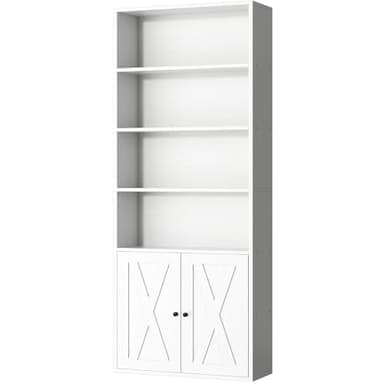 Shintenchi Bookshelf, Industrial Bookshelves and Bookcases with Doors Floor Standing 6 Shelf Display Storage Shelves 70.6 inches Tall Bookcase for Home Office, Living Room (White)