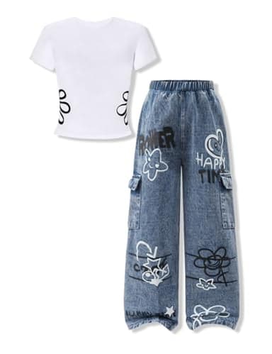 HSOXLQF Tween Girl Summer Clothes Floral Print Short Sleeve T-Shirt + Wide Leg Pants 2 Piece Outfits(Not Jeans) Size 13 14