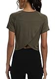 Mippo Short Sleeve Workout Tops Athletic Shirts Gym Clothes Exercise Crop Top Tshirts for Women Loose Fit Army Green S