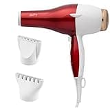 Professional Salon Hair Dryer, 1875W Blow Dryer, 2 Concentrator Nozzles, 3 Heat Settings, 2 Speed Slide Switch, Cool Shot Button, Fast Drying for Family, Low Noise (Red and White)