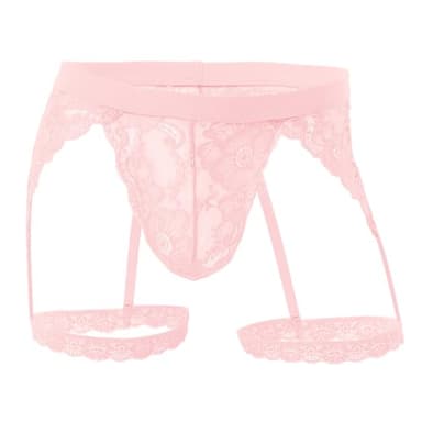 FYMNSI Sexy Mens Lingerie Sheer Floral Lace Pouch Garter Panties Briefs See-through Sissy G-string Thong Underpants Tangas Male Crossdresser Lingerie Underwear Pajamas Sleepwear Nightwear Pink L