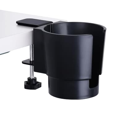 Universal Large Desk Cup Holder Clamp on, Heavy Duty Plastic Drink Holder for Table, Porch Swing, Patio Chair, Clip On Anti-Spill Bottle Holder for Most Cups, Bottles, Cans, Tumbles, Black, Pack of 1