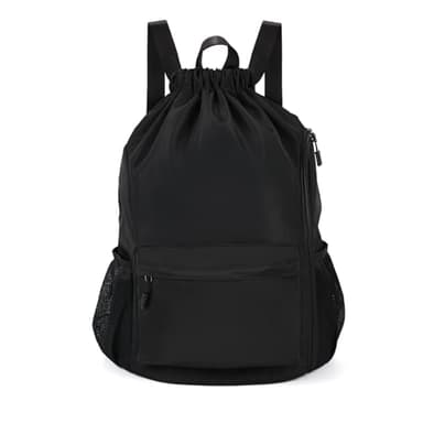 Valleycomfy Waterproof Drawstring Gym Backpack Bag for Men & Women,Sports Gym Bag with Side Pocket Black