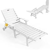 Lounge Chair Outdoor, Oversized Chaise Lounge Chair with 5 Positions, HDPE, Patio Lounge Chair with Wheels & Cup Holder for Pool, Deck, Poolside, White