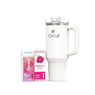 Cirkul Pearl All-Day StrawSip™ Tumbler Starter Kit - 40oz Cream Stainless Steel Tumbler, Flavor Cartridges Included (1 Frosted Refresher Berry Peach Acai, 1 Sabrocita Hibiscus) Zero Calories, No Sugar