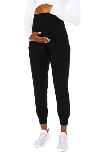 Med Couture Maternity Jogger Scrub Pants for Women, High Rise Waist, 4 Pockets with Soft Knit Waistband MC029, L, Black