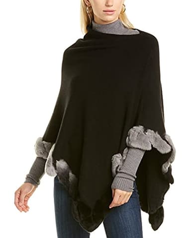 La Fiorentina Women's Asymmetrical Poncho with Ombre Rex Fur Trim, Black