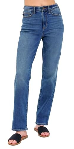 Judy Blue Women's High Rise Mom Jeans, Tummy Control Waist Straight Fit Denim Pants (Dark Blue, 11)