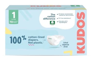 Kudos Chlorine Free Premium Diapers, 100% Cotton-Lined Ultra Soft, Size 1-70 Count