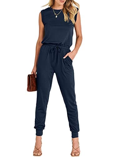 ANRABESS Womens Summer Sleeveless Jumpsuits Casual Dressy Stretchy Crewneck Rompers One Piece Outfits Spring Fashion 2026 Navy Blue Small
